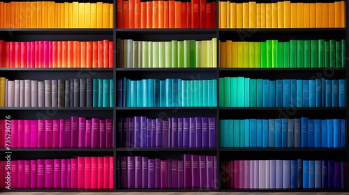 Vibrant Rainbow Folders Adorning Contemporary Bookshelf: Modern Interior Design Backdrop