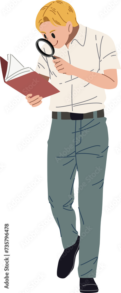 Man searching data with magnifying glass into the book illustration Man searching data with magnifying glass into the book illustration