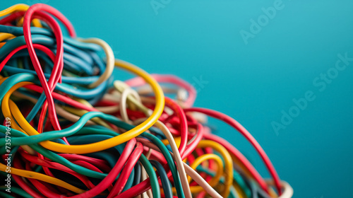 Tangled colorful wires against a blue background. photo