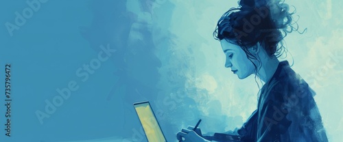 illustration of woman writing with a laptop on a blue sky background with space for text © Marco