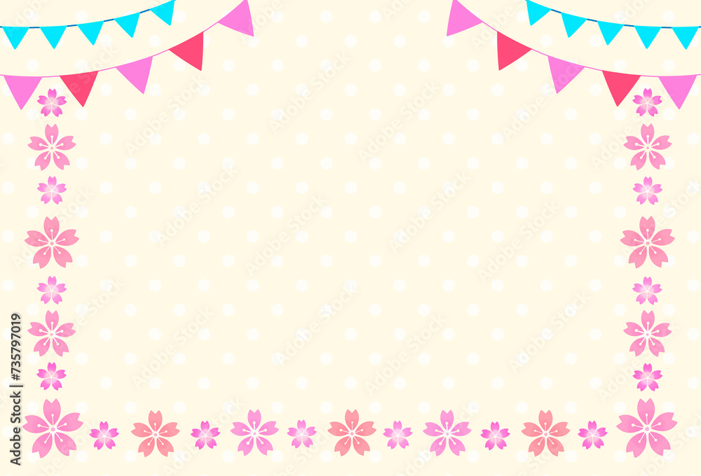 桜とガーランド　背景素材　ドット柄　飾り枠　見出し　三角旗　おしゃれ　お花見　入学　卒業　入園　卒園　新生活