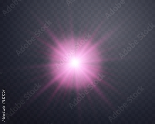 Sunlight lens flare  sun flash with rays and spotlight. Pink glowing burst explosion on a transparent background. Vector illustration.