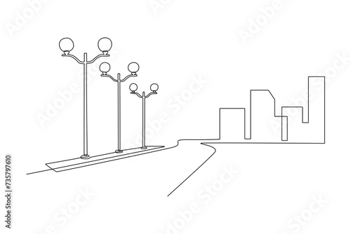 Night city street with decorative lights in city. Modern megalopolis district with multistorey houses glow with bright lights, snowflake lamps, Cartoon vector illustration