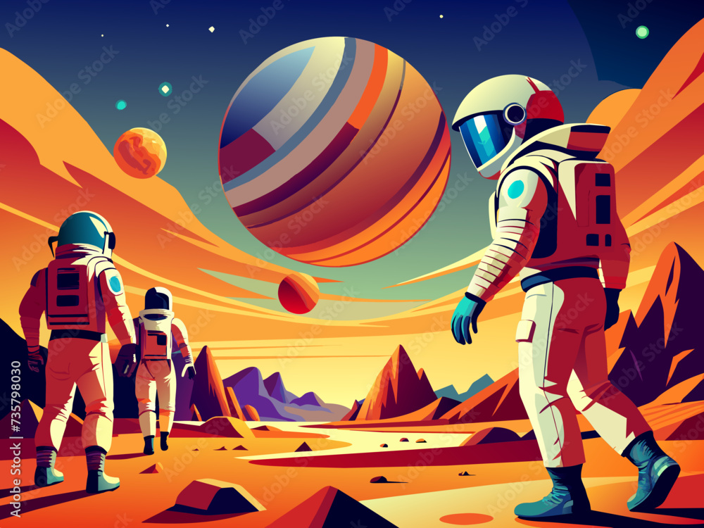 Obraz premium Astronauts exploring distant exoplanets with advanced suits. vektor illustation