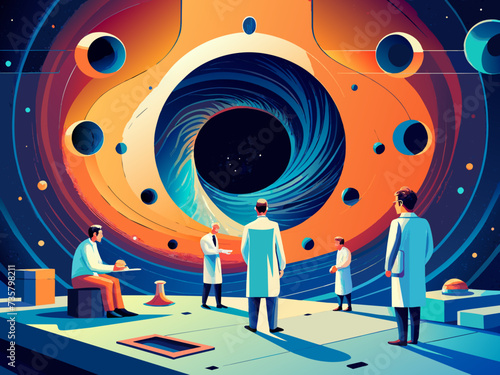 Time dilation effects near black holes explored by scientists. vektor illustation