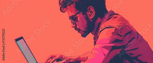 illustration of man writing with a laptop on a pink background with space for text © Marco