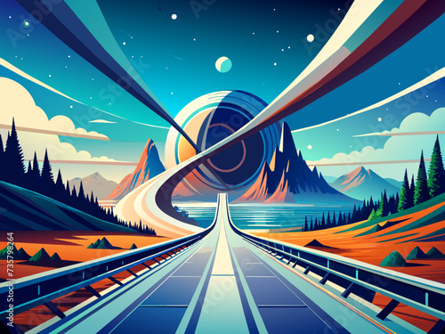 Quantum gravity drives bending space-time for faster travel. vektor illustation