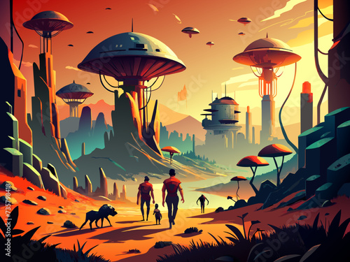 Bio-mechanical organisms roaming a post-apocalyptic landscape. vektor illustation