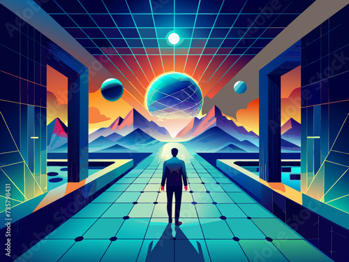 Quantum teleportation of consciousness to virtual realms. vektor illustation