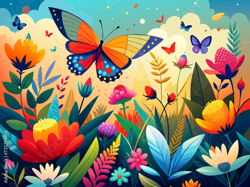 Colorful butterflies fluttering among vibrant blooms. vektor illustation © Bendix