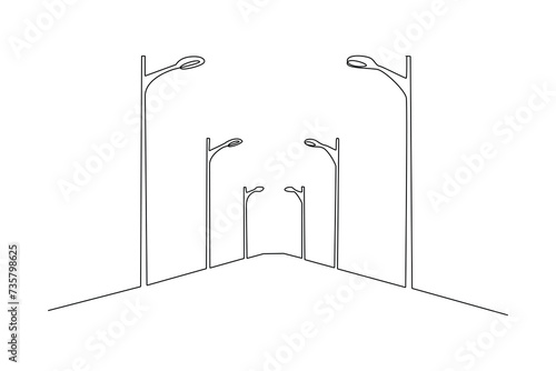 Night city street with decorative lights in city. Modern megalopolis district with multistorey houses glow with bright lights, snowflake lamps, Cartoon vector illustration