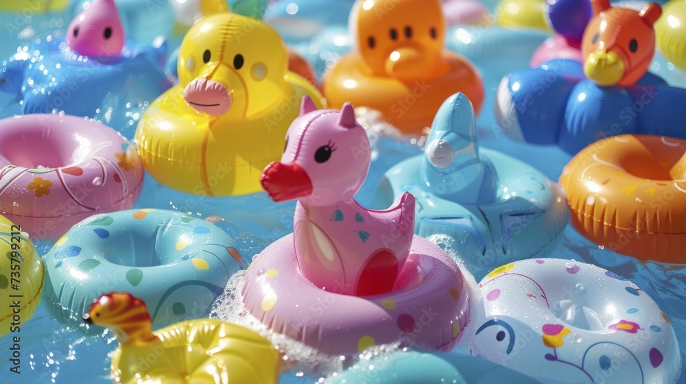 Joyful water play at children's pool party with vibrant summer-themed inflatables