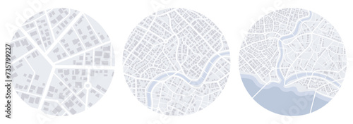 Concept of map set navigation. View from above the map buildings. Detailed view of city. Simple scheme of city. Colored flat, editable vector illustration
