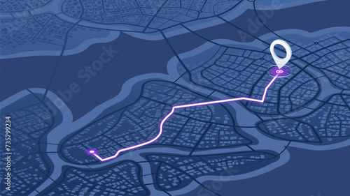 Main road throughout isometric map. Simple scheme of city. Navigation to poi. Generic city map with signs of streets, roads, house. Vector illustration, map background
