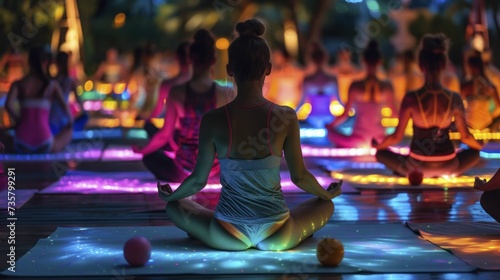 Electric neon lit yoga class, summer night session with a fluorescent fantasy theme