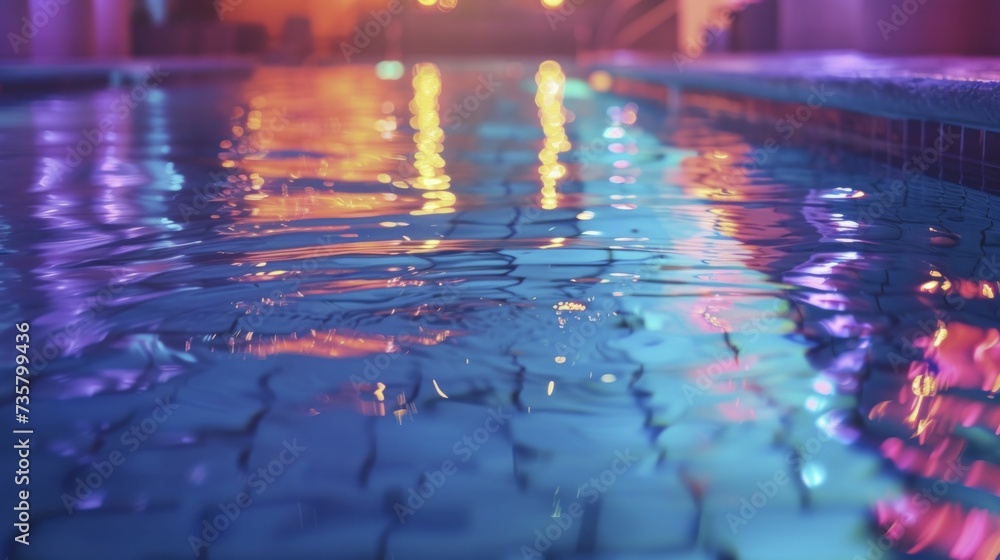 Neon lights and fluorescent glow define a fantasy pool party, reflections shimmering