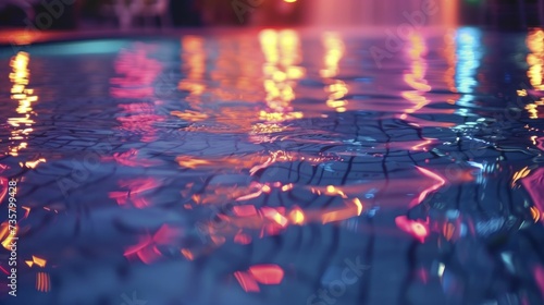 Fluorescent fantasy pool party, neon lights reflecting on water's surface