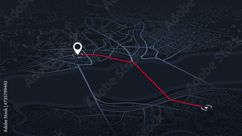 Main road throughout isometric map. Simple scheme of city. Navigation to poi. Generic city map with signs of streets, roads, house. Vector illustration, map background