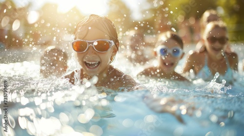 Kids splashing in a summer pool, colorful swim gear and bright sun rays