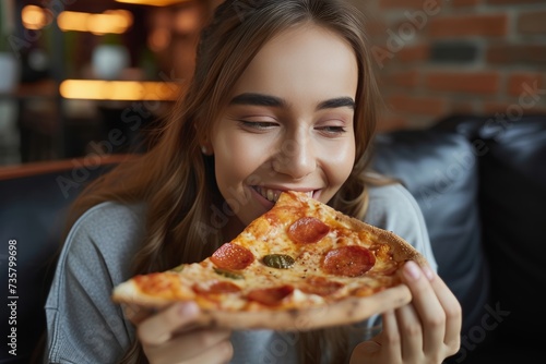 woman eating delicious pizza
