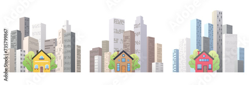 City posters set. Building for rent or sale. Options concept for leasing or selling commercial properties. Houses at metropolis Modern city landscape. Vector illustration