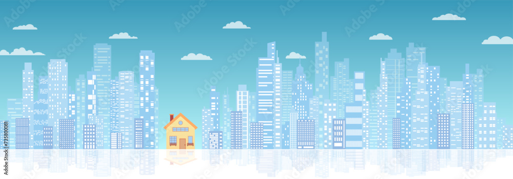 Options concept for leasing or selling commercial properties. Office space, building for rent or sale. Abstract horizontal background cityscape. Editable vector flat illustration with copy space.