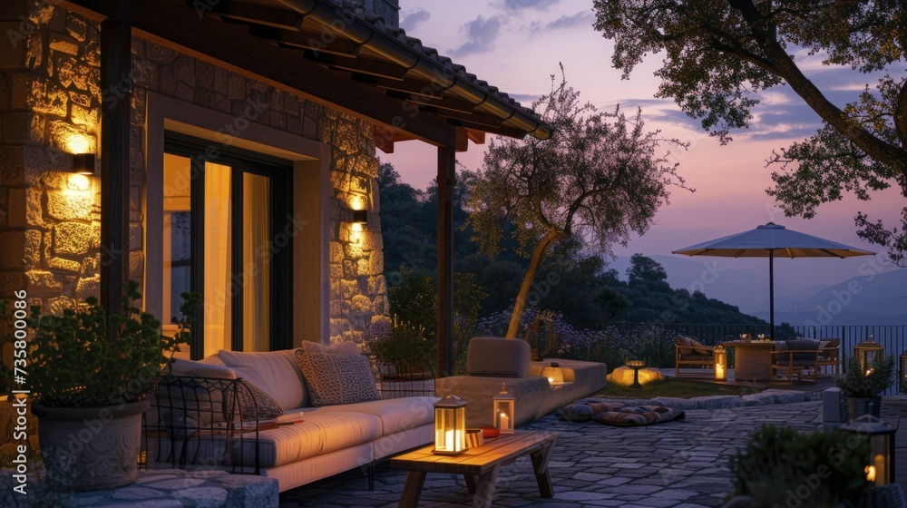 Relaxing on a tranquil summer evening, vacation villa patio lit by sunset colors