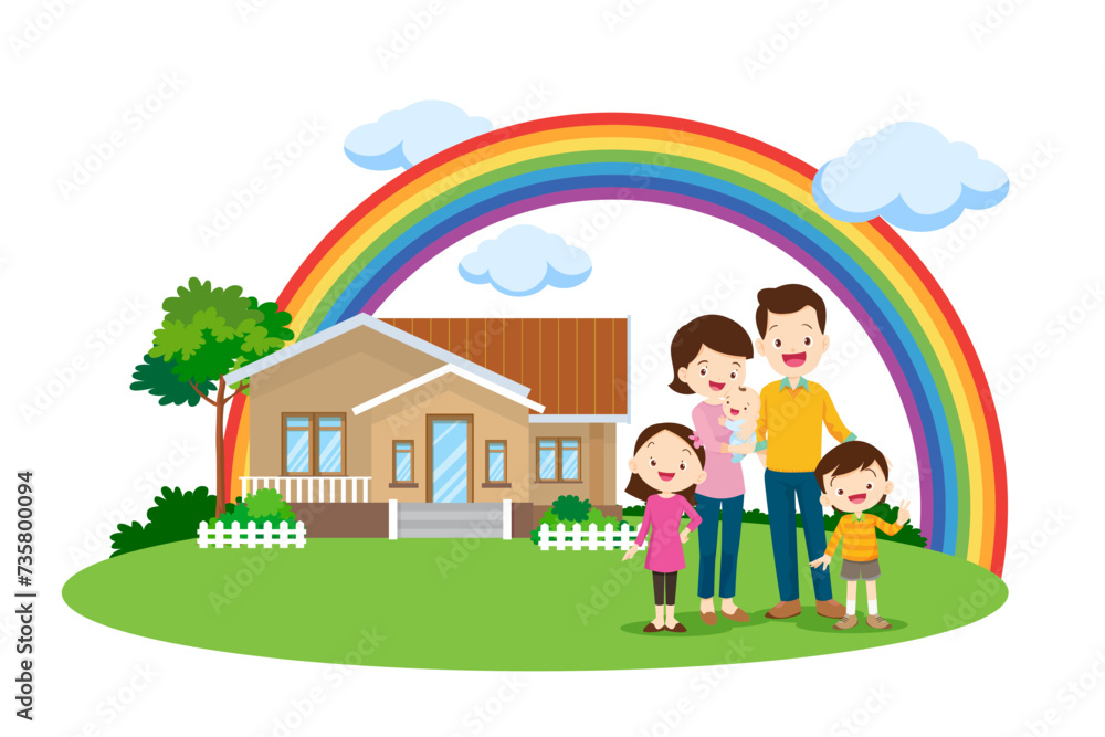 happy Big family on rainbow background of the house