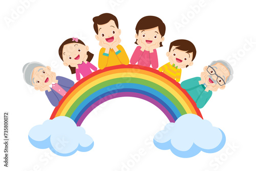Cute family post smile on rainbow and white board