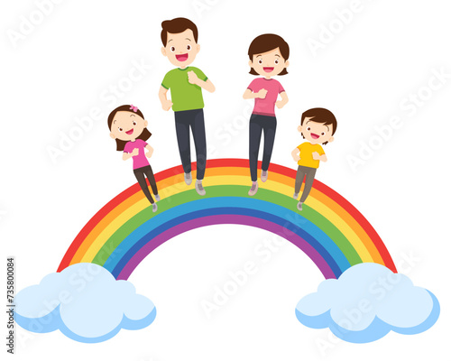 big family Exercise together for good health rainbow background