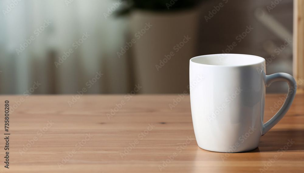 White ceramic mug on wooden table indoors. Space for text
