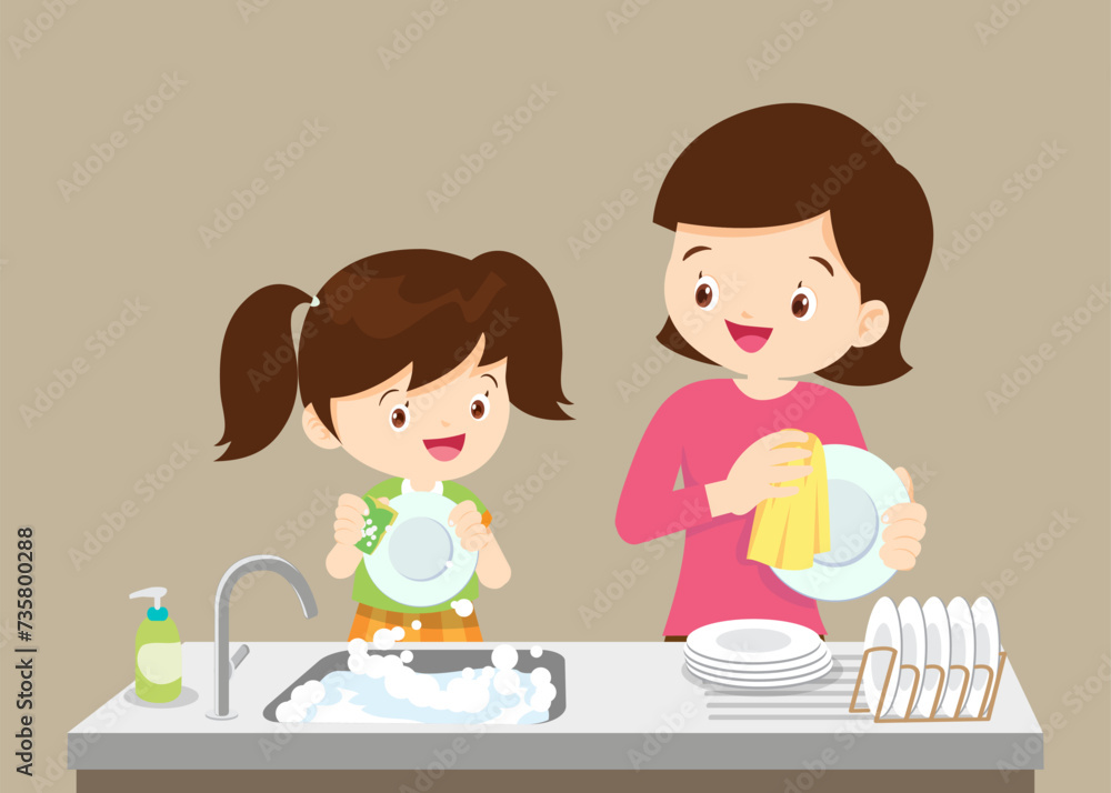 Happy kid helping family washing dishes at home Happy kid helping family washing dishes at home