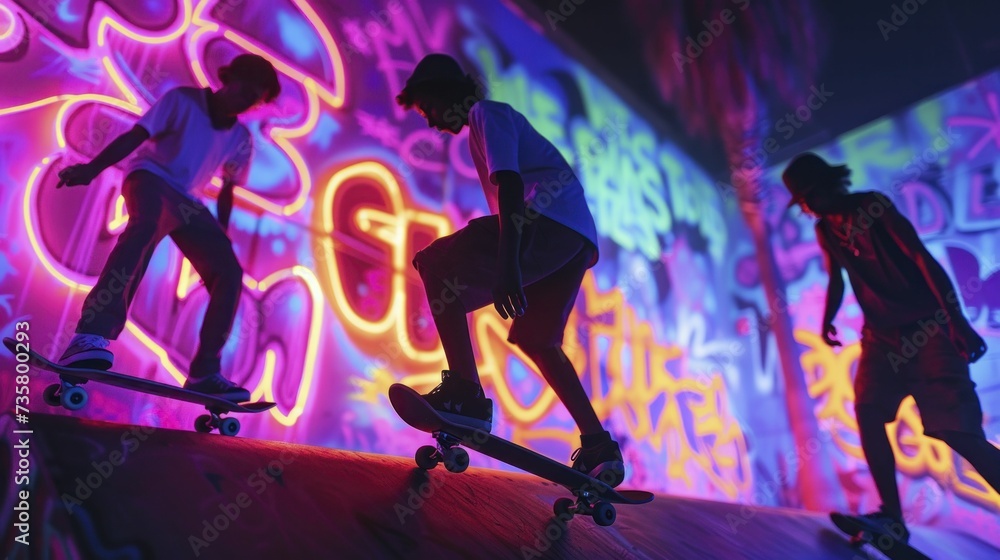 Summer skate park, tricksters in fluorescent attire against electric neon graffiti