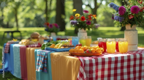 Family summer gathering, picnic under the park's canopy, tablecloth of vibrant hues