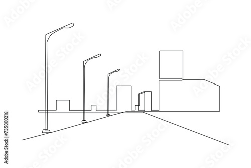 Night city street with decorative lights in city. Modern megalopolis district with multistorey houses glow with bright lights, snowflake lamps, Cartoon vector illustration