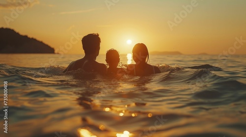 Family sunset dip  serene beach setting in summer vacation attire