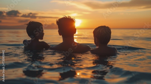Beachside family swim as the sun sets, summer attire in serene display © Manyapha