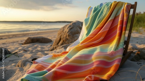 Striped summer towels on a beach chair, colors glowing under the sunset light