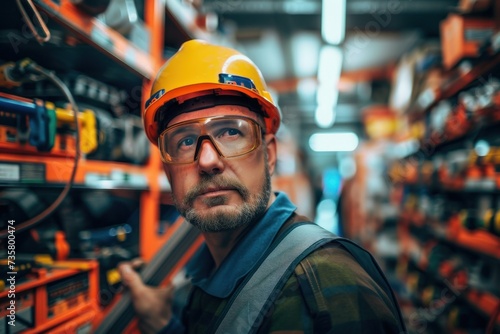 Electrician in electrical equipment shop Helmet with protective glasses Construction industry, electrical systems.