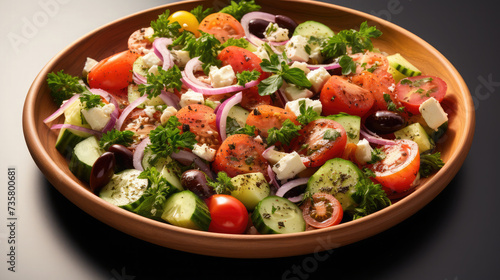 Plate with Greek salad, vegetables, healthy eating, restaurant, cafe, food photo, delicious, serving, vegetarianism, generative AI