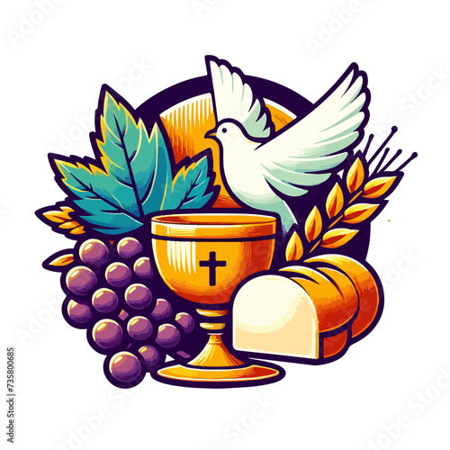 eucharist catholic Christianity sign altar symbol dove grape bread wheat sign cross flat vector