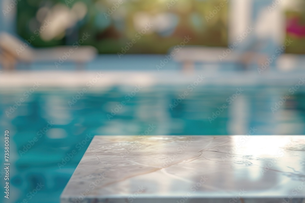 Empty space, empty in front with a blurred background of a swimming pool.