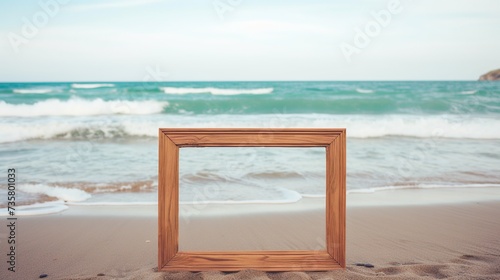 wooden frame in the sea wave and sand