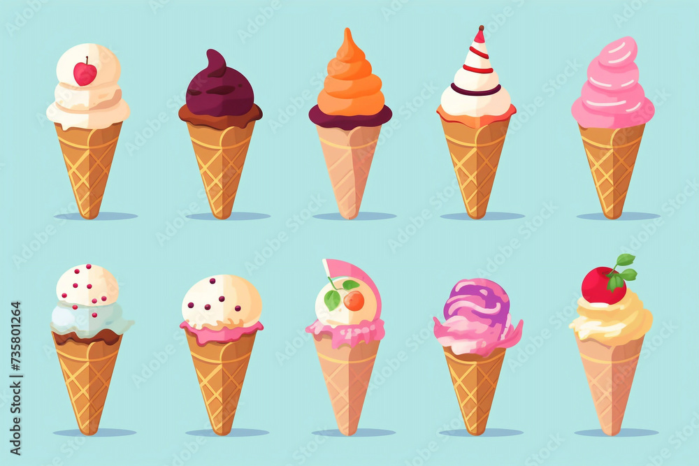 A set of ice cream of different flavors in waffle cups. A set of ice cream of different flavors in waffle cups.