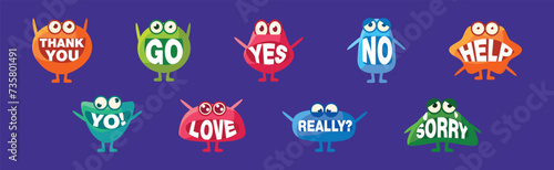 Monster with Words In Mouth Funny Character on Blue Background Vector Set