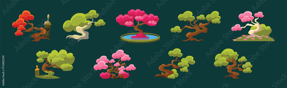 Fantasy Trees and Fairytale Nature Landscape Element Vector Set
