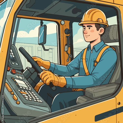 excavator operator working people driving flat vector illustration