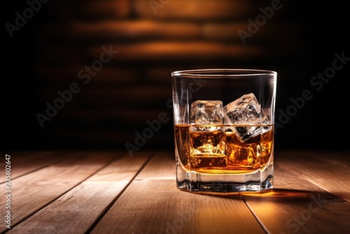 Brandy, whiskey glasses on wooden table with copy space