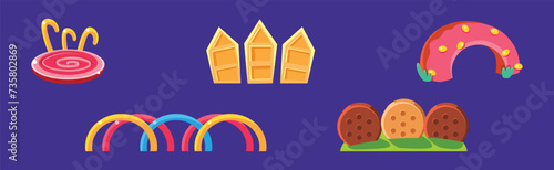 Amusement Park and Funfair Object with Sweet Pastry and Candy Vector Set