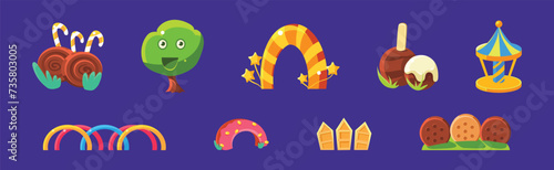 Amusement Park and Funfair Object with Sweet Pastry and Candy Vector Set